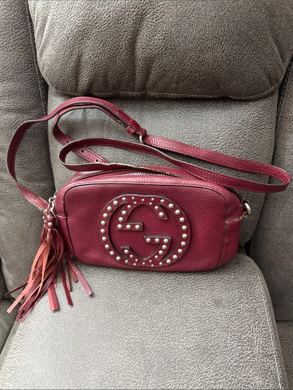 Gucci Berry Red Soho Studded Leather Crossbody Bag with Tassel - Picture 1 of 8